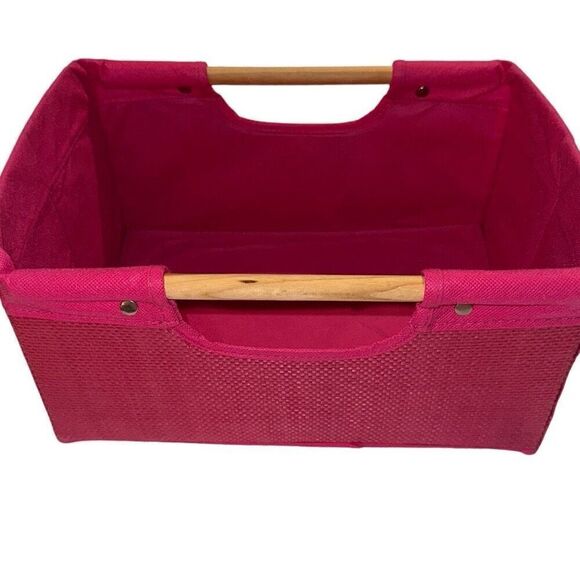 Pink Foldable Storage Bin With Wooden Carry Handles 13" x 9" - Picture 1 of 8